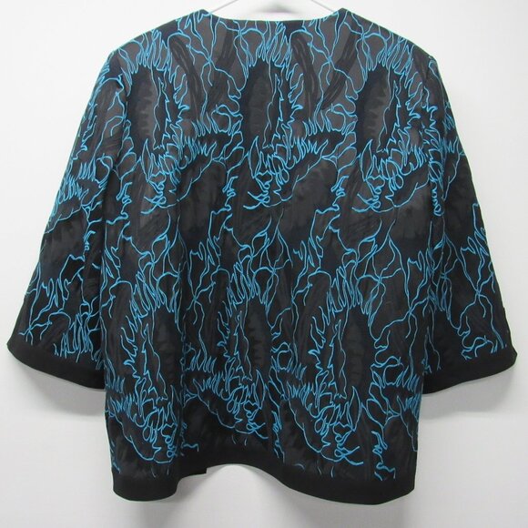 Ming Wang Black Blue Embroidered Embossed Flames Art to Wear Open Jacket sz L - Picture 2 of 4